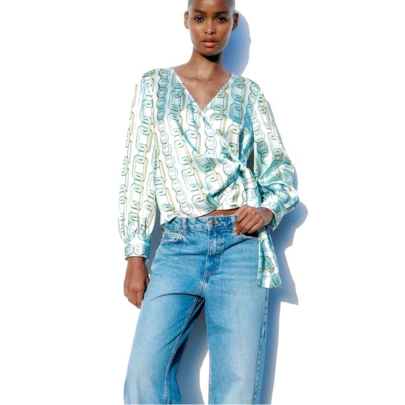 ZARA Chain Print Long Sleeve Sky Blue Top XS NWT - Picture 5 of 10